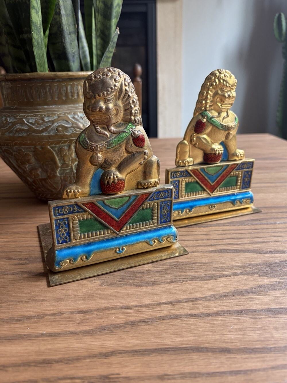 Antique Chinese Brass and Enamel Foo Dog Lion Bookends Vintage Brass Bookends